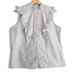 NAF NAF France Ruffle Bib Collar Sleeveless Button Down Stripped Blouse Sz L
